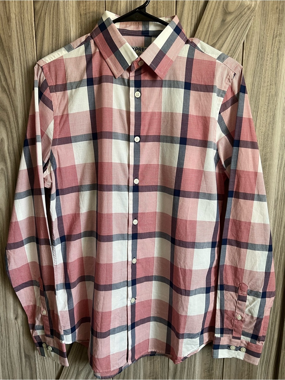 Express Men’s Pink and Navy Plaid Button-Down Shirt